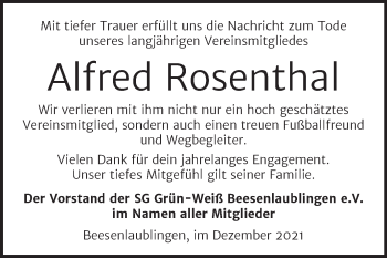 Traueranzeige von Alfred Rosenthal von Super Sonntag Bernburg
