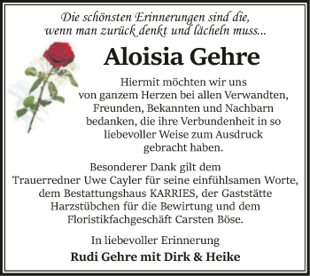 Traueranzeige von Aloisia Gehre von Trauerkombi Quedlinburg
