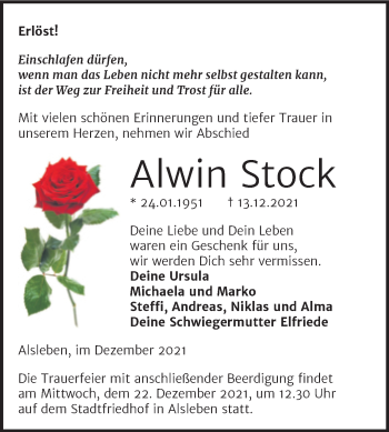 Traueranzeige von Alwin Stock von Trauerkombi Bernburg