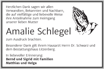 Traueranzeige von Amalie Schlegel von Trauerkombi Mansfelder Land