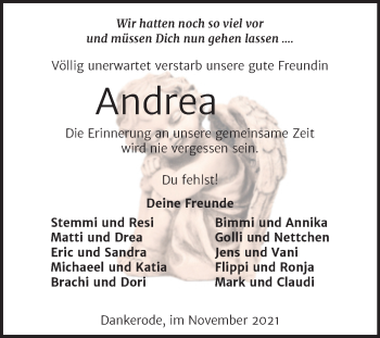 Traueranzeige von Andrea  von Trauerkombi Quedlinburg
