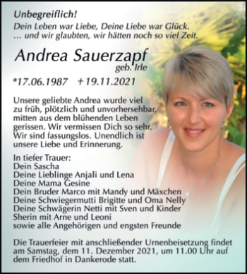 Traueranzeige von Andrea Sauerzapf von Trauerkombi Quedlinburg