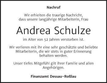 Traueranzeige von Andrea Schulze von Mitteldeutsche Zeitung Dessau-Roßlau