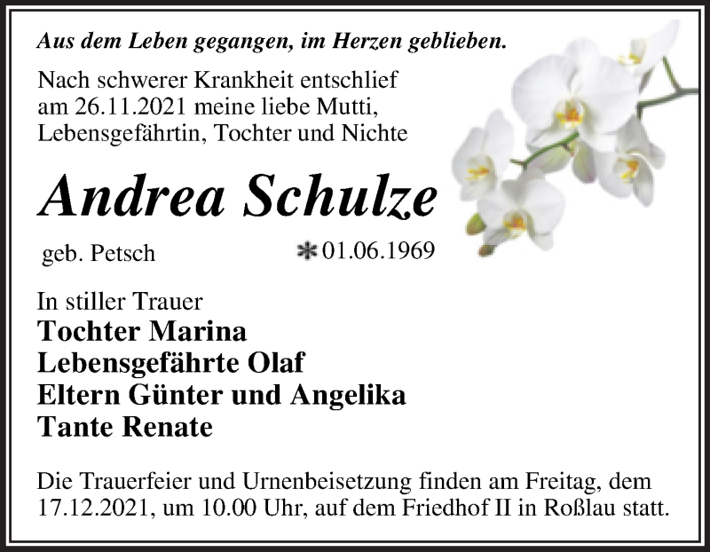  Traueranzeige für Andrea Schulze vom 04.12.2021 aus Trauerkombi Dessau