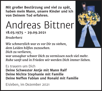 Traueranzeige von Andreas Bittner von Trauerkombi Mansfelder Land