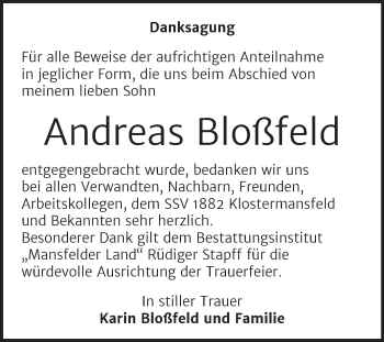 Traueranzeige von Andreas Bloßfeld von Trauerkombi Mansfelder Land