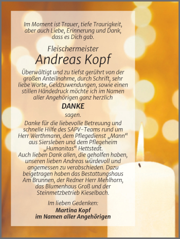 Traueranzeige von Andreas Kopf von Trauerkombi Mansfelder Land
