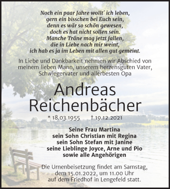 Traueranzeige von Andreas Reichenbächer von Wochenspiegel Naumburg/Nebra