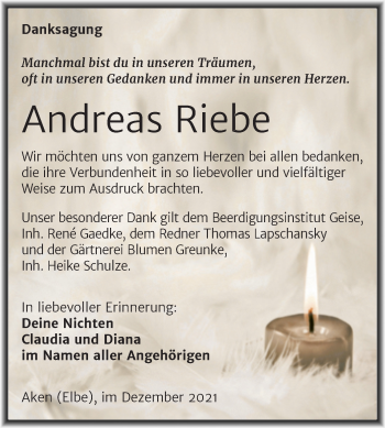 Traueranzeige von Andreas Riebe von Trauerkombi Köthen