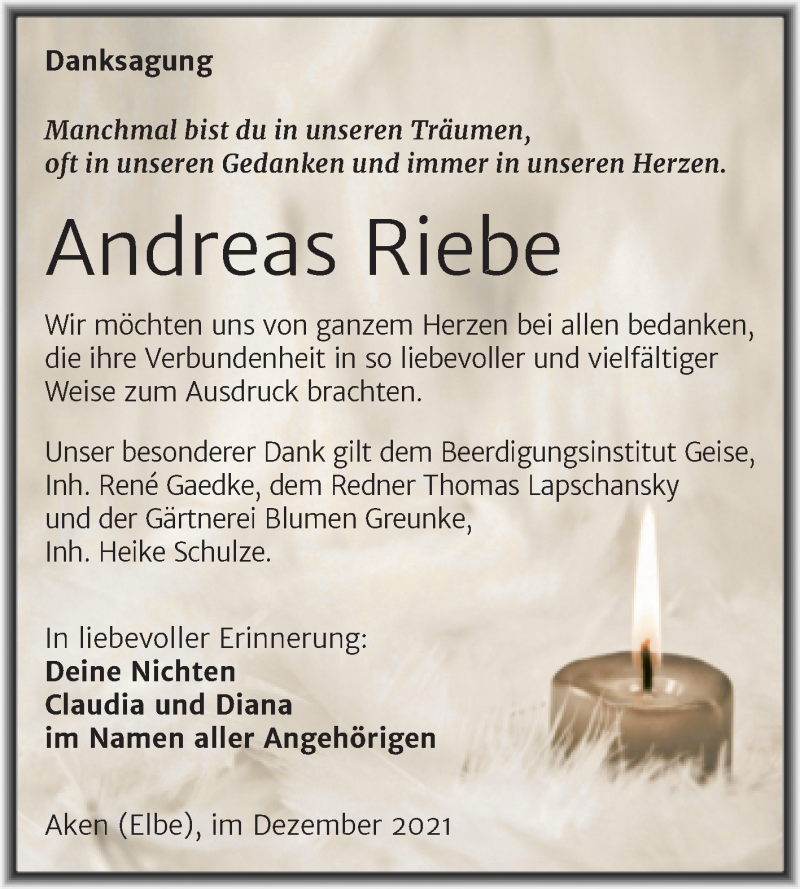  Traueranzeige für Andreas Riebe vom 04.12.2021 aus Trauerkombi Köthen
