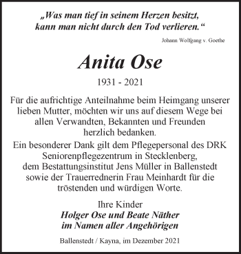 Traueranzeige von Anita Ose von Trauerkombi Quedlinburg