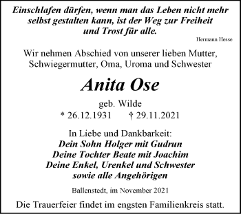 Traueranzeige von Anita Ose von Trauerkombi Quedlinburg