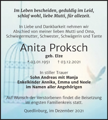 Traueranzeige von Anita Proksch von Trauerkombi Quedlinburg