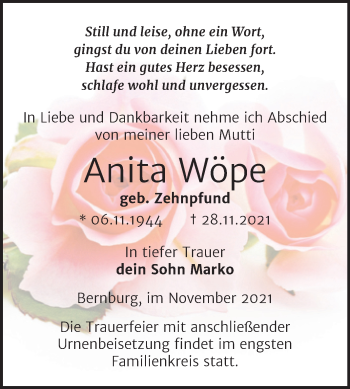 Traueranzeige von Anita Wöpe von Trauerkombi Bernburg
