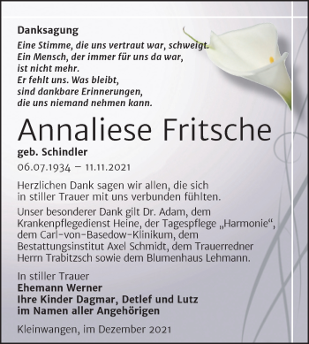 Traueranzeige von Annaliese Fritsche von Wochenspiegel Naumburg/Nebra