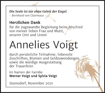Traueranzeige von Annelies Voigt von Trauerkombi Bitterfeld