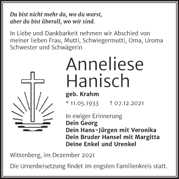 Traueranzeige von Anneliese Hanisch von Trauerkombi Wittenberg