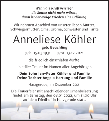 Traueranzeige von Anneliese Köhler von Trauerkombi Quedlinburg