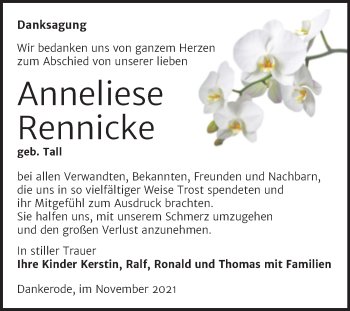 Traueranzeige von Anneliese Rennicke von Trauerkombi Quedlinburg