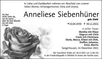 Traueranzeige von Anneliese Siebenhüner von Trauerkombi Sangerhausen