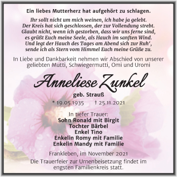 Traueranzeige von Anneliese Zunkel von Trauerkombi Merseburg