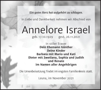 Traueranzeige von Annelore Israel von Trauerkombi Merseburg