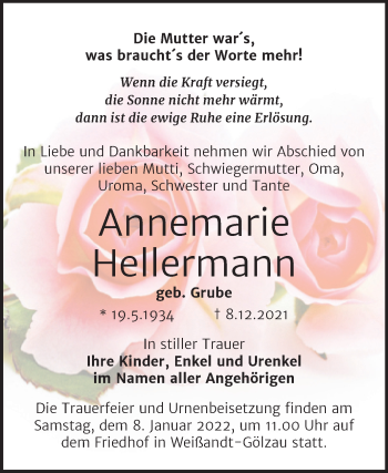 Traueranzeige von Annemarie Hellermann von Trauerkombi Köthen