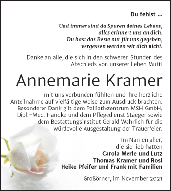 Traueranzeige von Annemarie Kramer von Trauerkombi Mansfelder Land