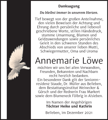 Traueranzeige von Annemarie Löwe von Trauerkombi Bernburg