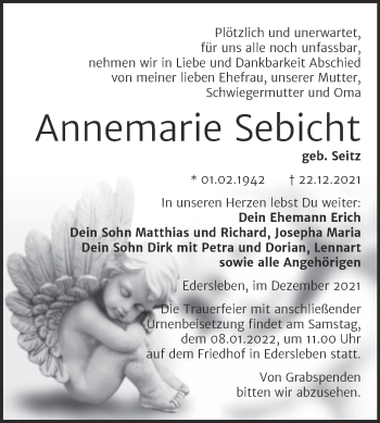 Traueranzeige von Annemarie Sebicht von Mitteldeutsche Zeitung Sangerhausen