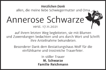 Traueranzeige von Annerose Schwarze von Trauerkombi Weißenfels
