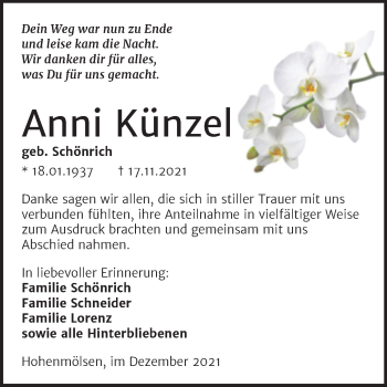 Traueranzeige von Anni Künzel von Trauerkombi Weißenfels