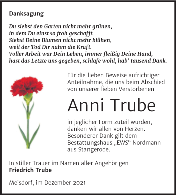Traueranzeige von Anni Trube von Trauerkombi Quedlinburg
