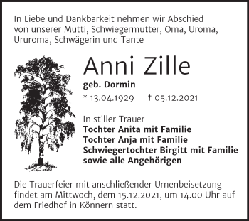 Traueranzeige von Anni Zille von Trauerkombi Bernburg