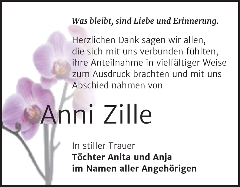  Traueranzeige für Anni Zille vom 18.12.2021 aus Trauerkombi Bernburg