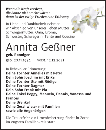 Traueranzeige von Annita Geßner von Trauerkombi Weißenfels