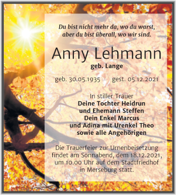 Traueranzeige von Anny Lehmann von Trauerkombi Merseburg