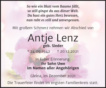 Traueranzeige von Antje Lenz von Naumburger Tageblatt
