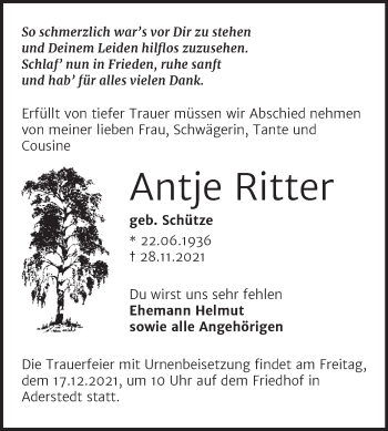 Traueranzeige von Antje Ritter von Trauerkombi Bernburg