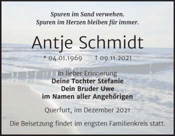 Traueranzeige von Antje Schmidt von Mitteldeutsche Zeitung Merseburg/Querfurt