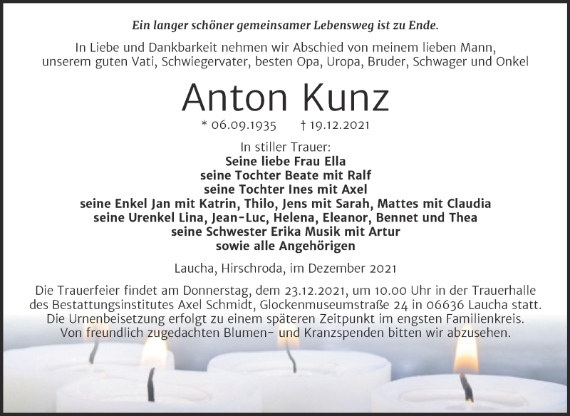  Traueranzeige für Anton Kunz vom 21.12.2021 aus Naumburger Tageblatt