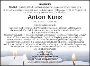 Traueranzeige von Anton Kunz von Naumburger Tageblatt