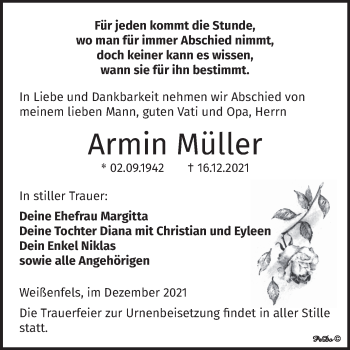 Traueranzeige von Armin Müller von Trauerkombi Weißenfels