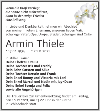 Traueranzeige von Armin Thiele von Trauerkombi Merseburg