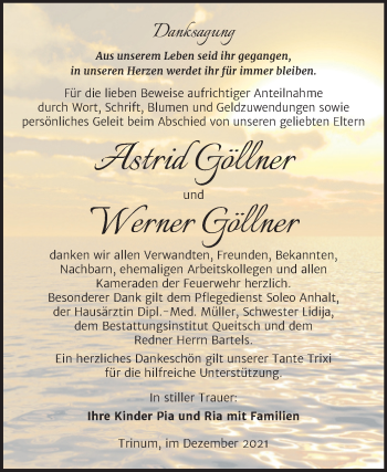 Traueranzeige von Astrid und Werner Göllner von Trauerkombi Köthen