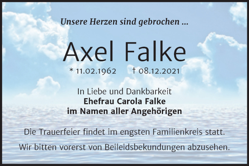  Traueranzeige für Axel Falke vom 18.12.2021 aus Trauerkombi Bernburg