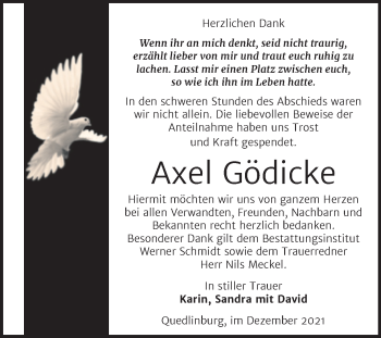 Traueranzeige von Axel Gödicke von Trauerkombi Quedlinburg