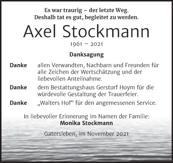 Traueranzeige von Axel Stockmann von Trauerkombi Aschersleben