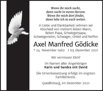 Traueranzeige von Axel Manfred Gödicke von Trauerkombi Quedlinburg