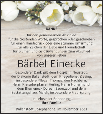 Traueranzeige von Bärbel Einecke von Trauerkombi Quedlinburg